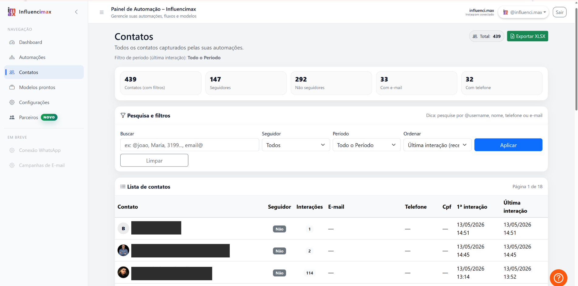 Tabela de contatos da InfluenciMax com dados capturados