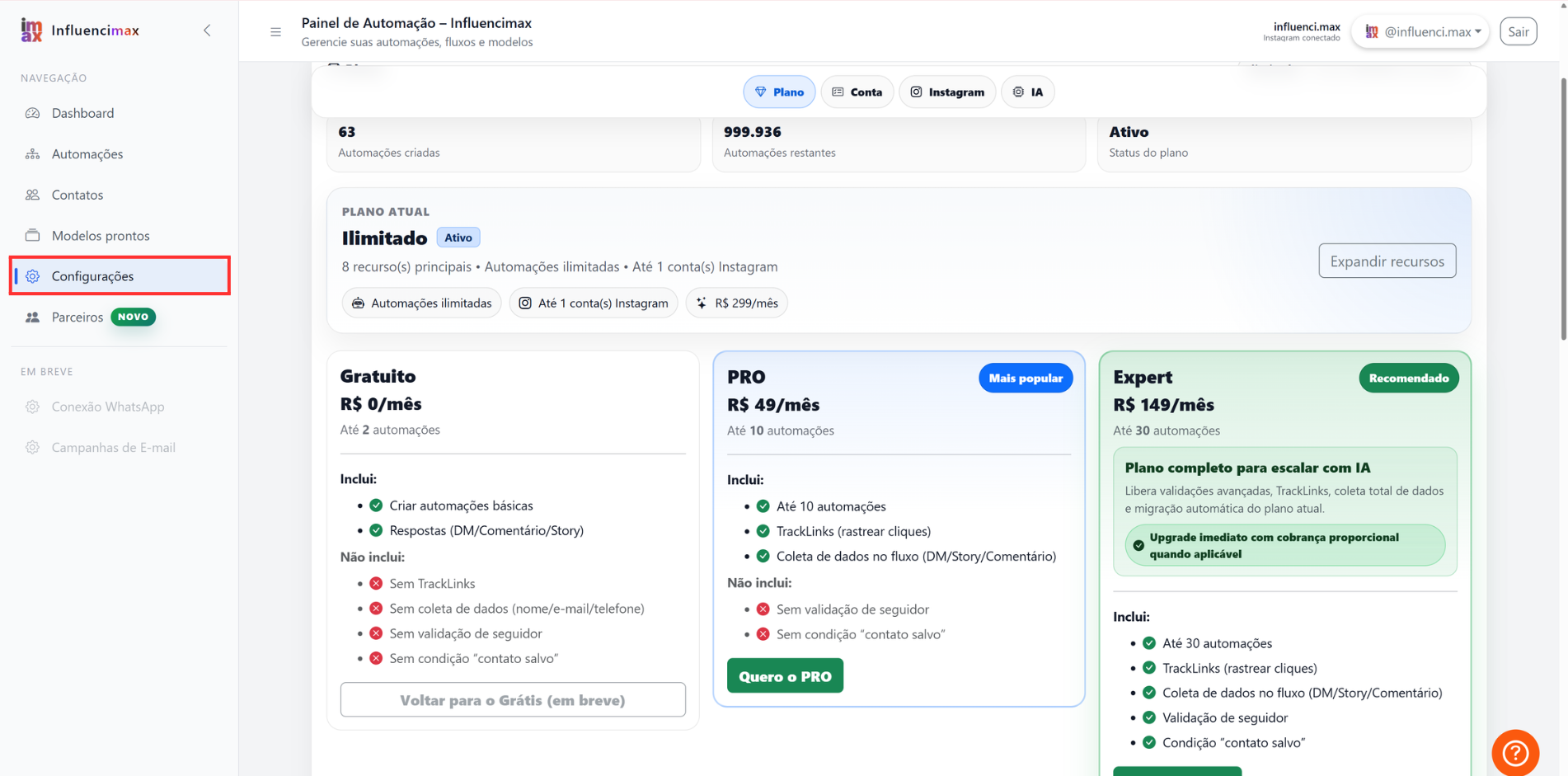 Tela da aba de planos da InfluenciMax com opções de assinatura
