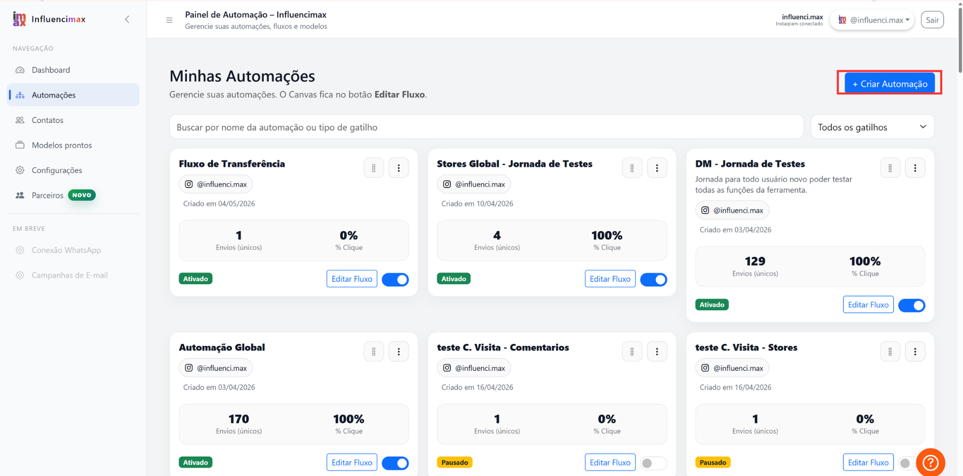 Tela de automações com o botão Criar Automação destacado