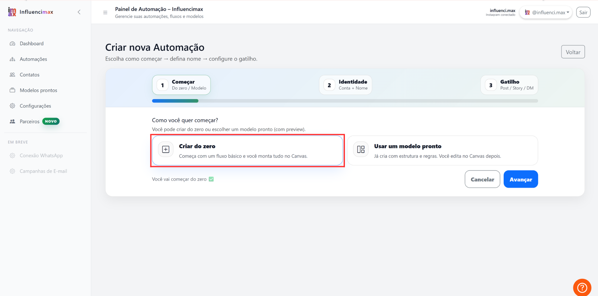 Tela de criação de automação com a opção Criar do zero destacada