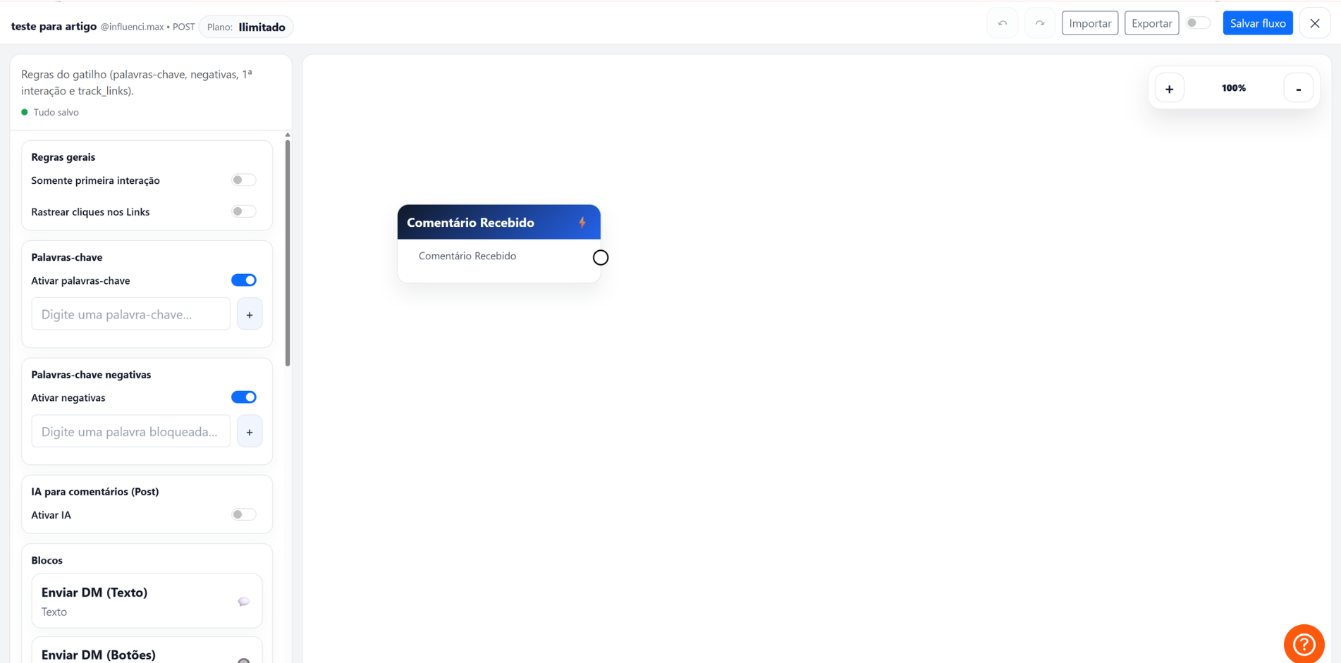 Editor visual aberto com o bloco inicial da automação