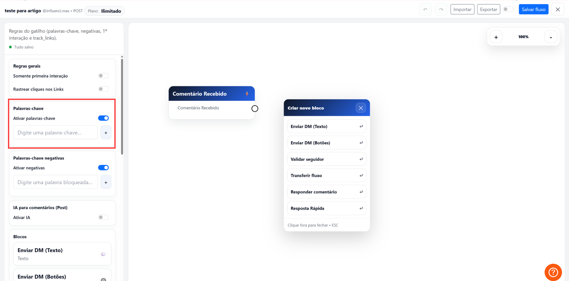 Editor visual com menu de ações para adicionar novo bloco