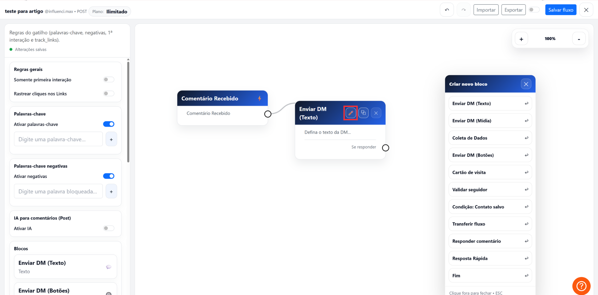 Blocos conectados no editor visual da automação