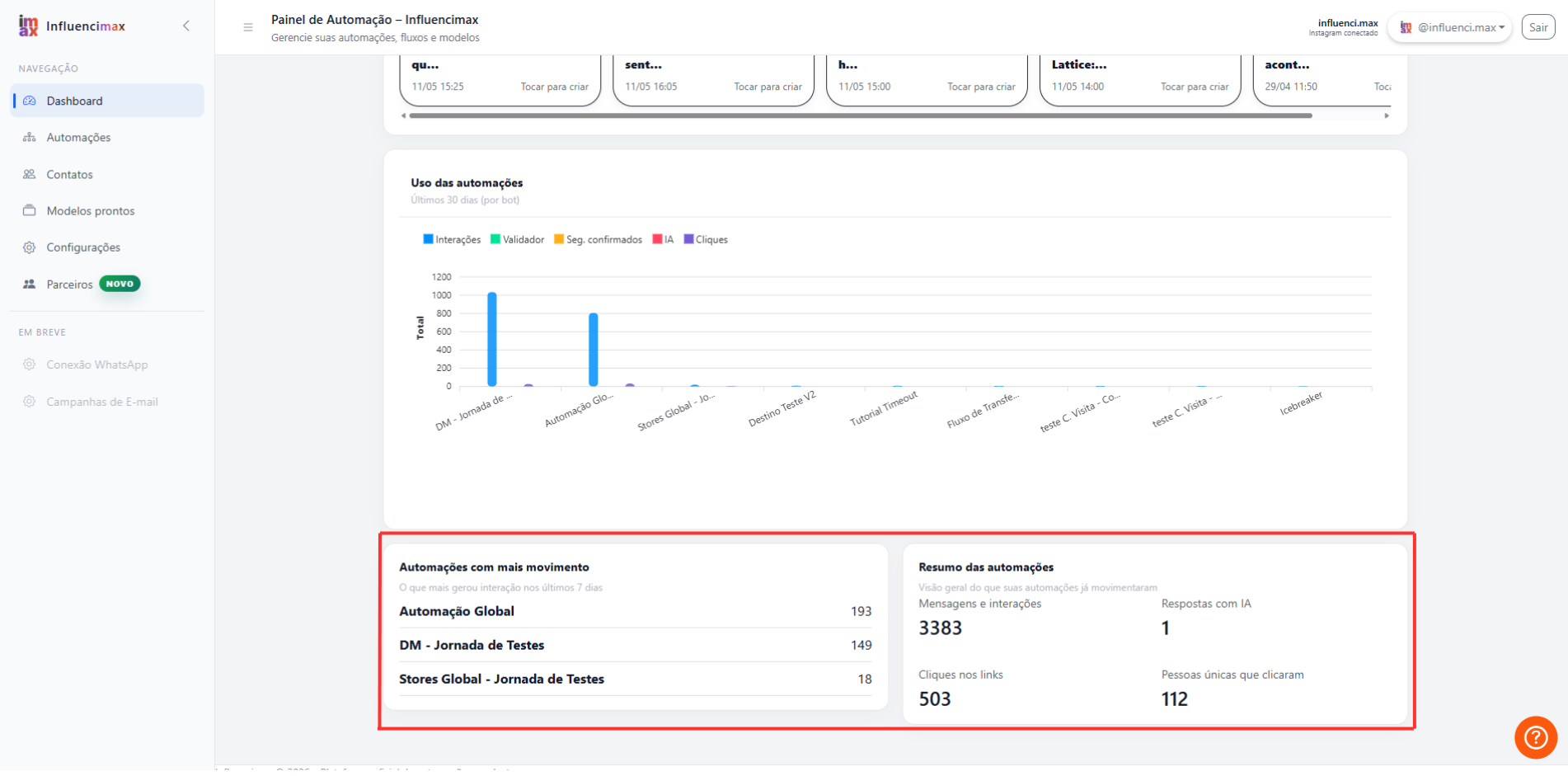 Contador de cliques únicos no dashboard da InfluenciMax