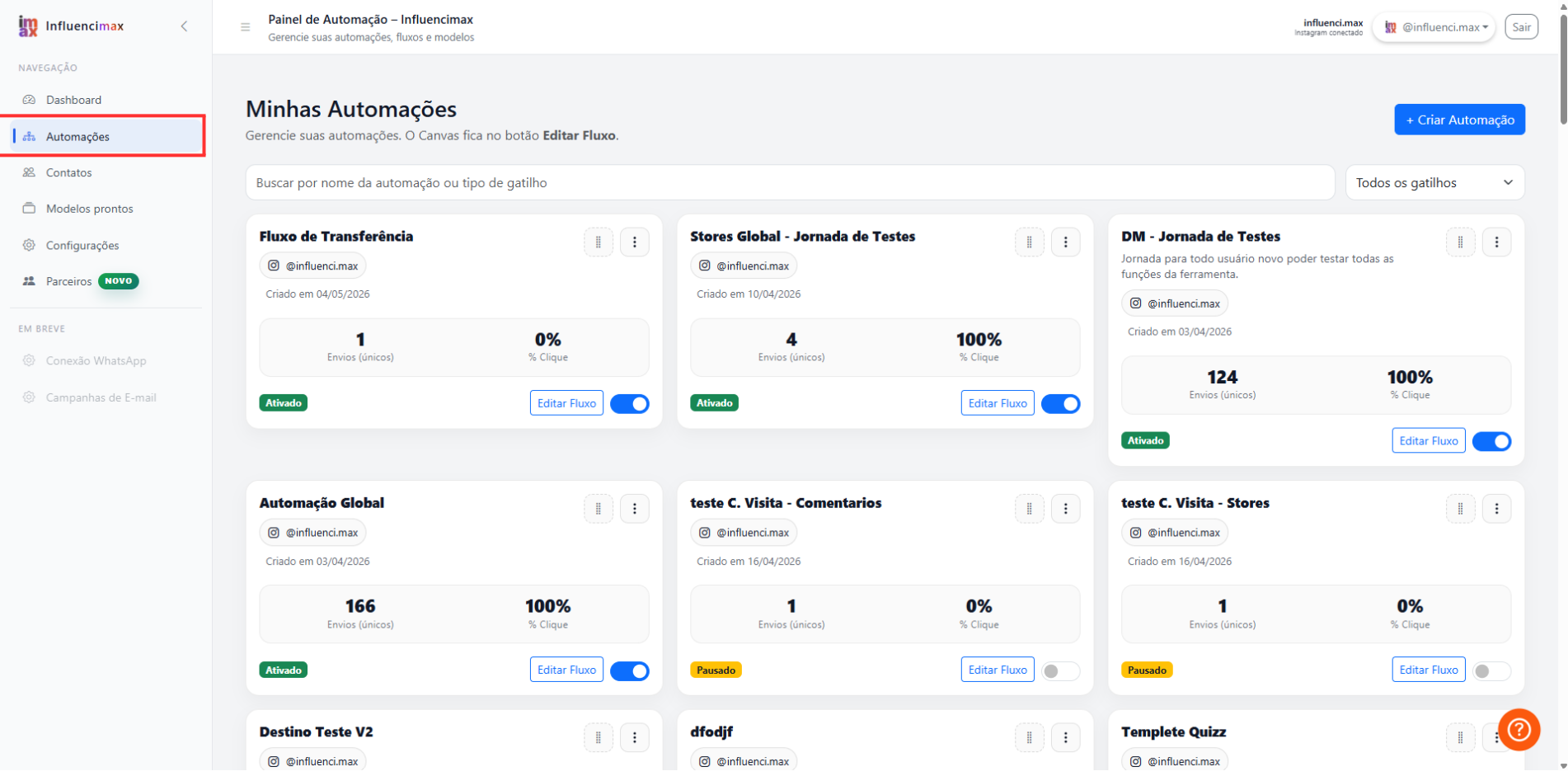 Overview of the automations area in InfluenciMax