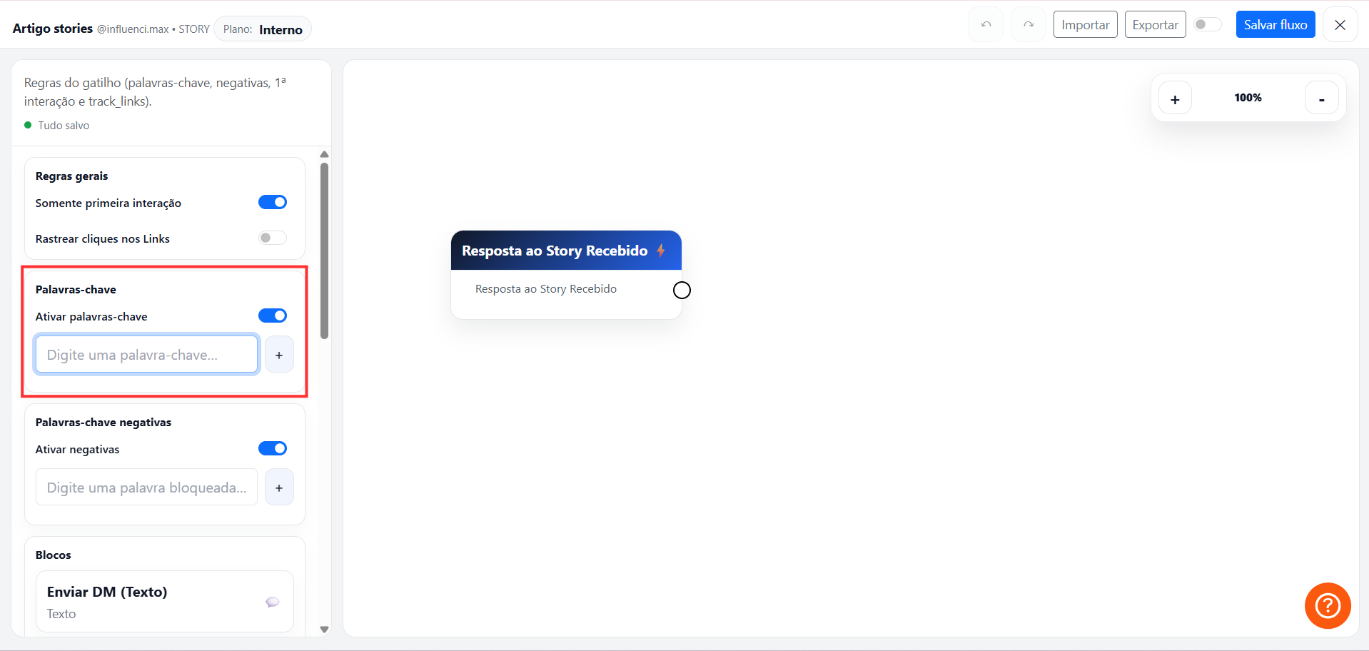 Tela de configuração da palavra-chave para resposta automática em story