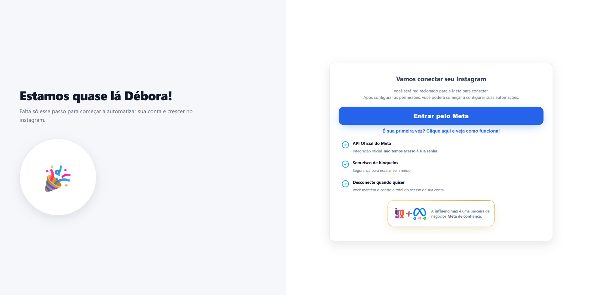 Tela inicial de integração do Instagram na InfluenciMax
