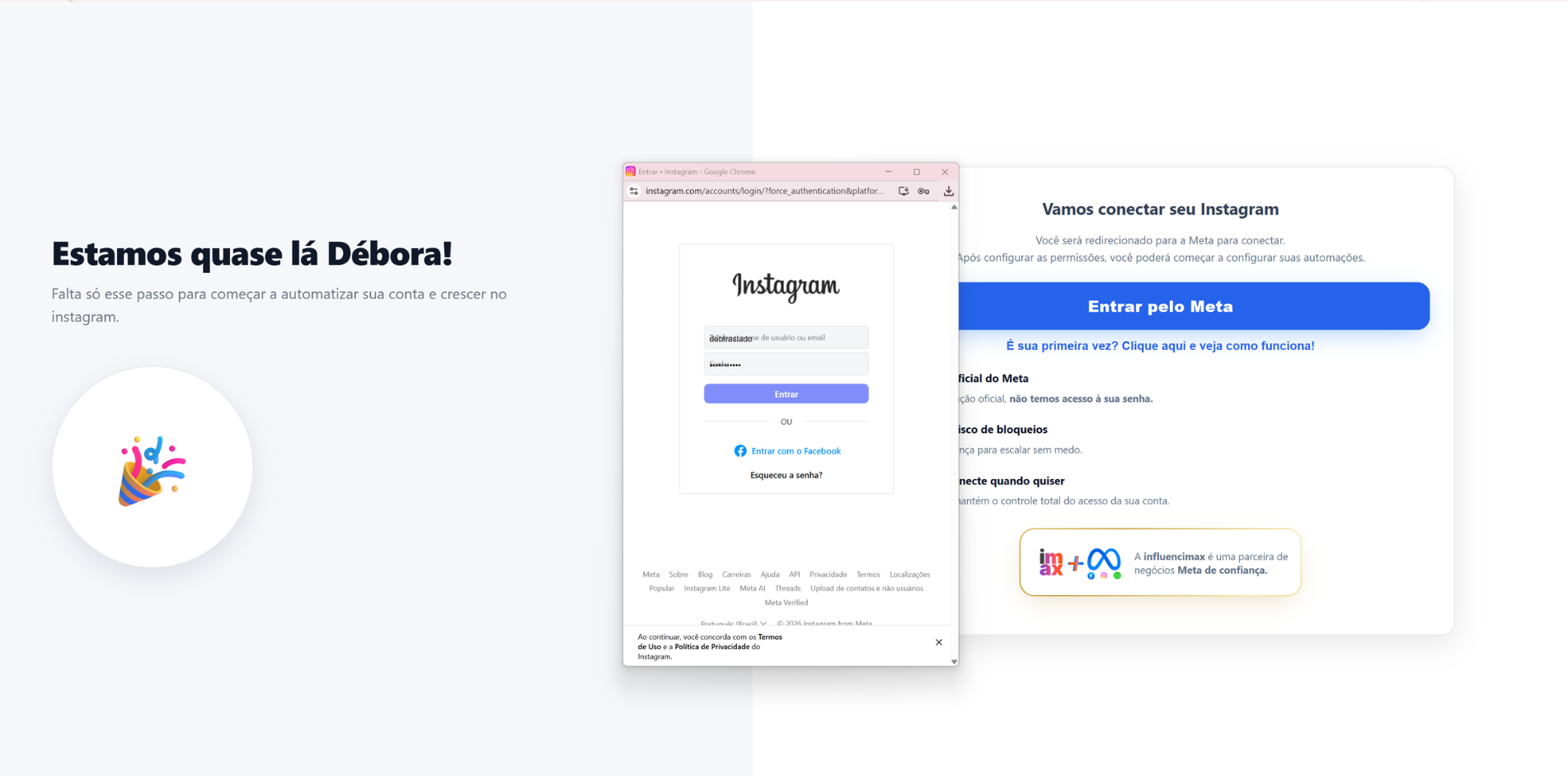 Tela de login seguro do Instagram e autorização pelo Meta