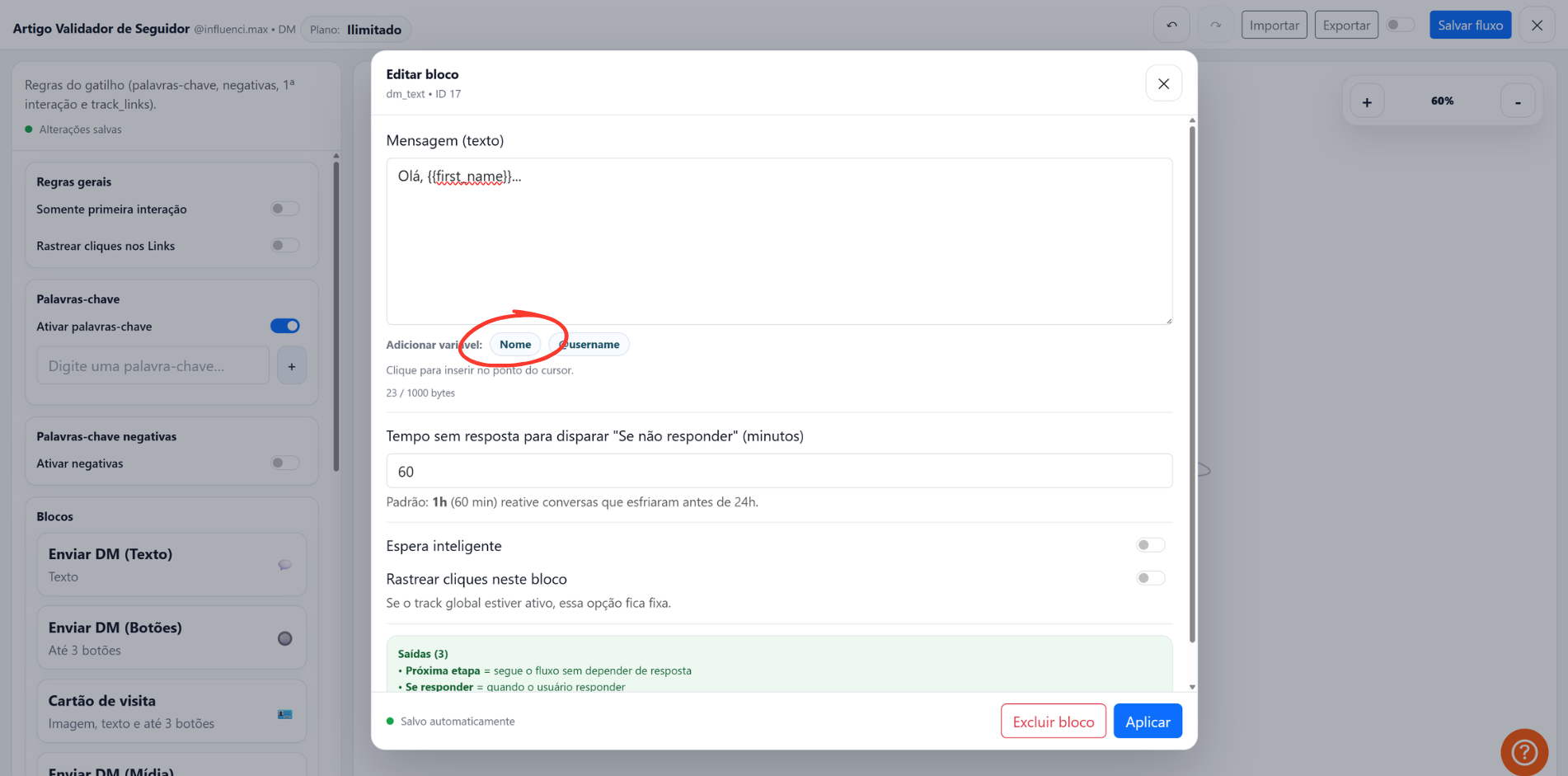 Editor de mensagem com variável de personalização no fluxo de triagem