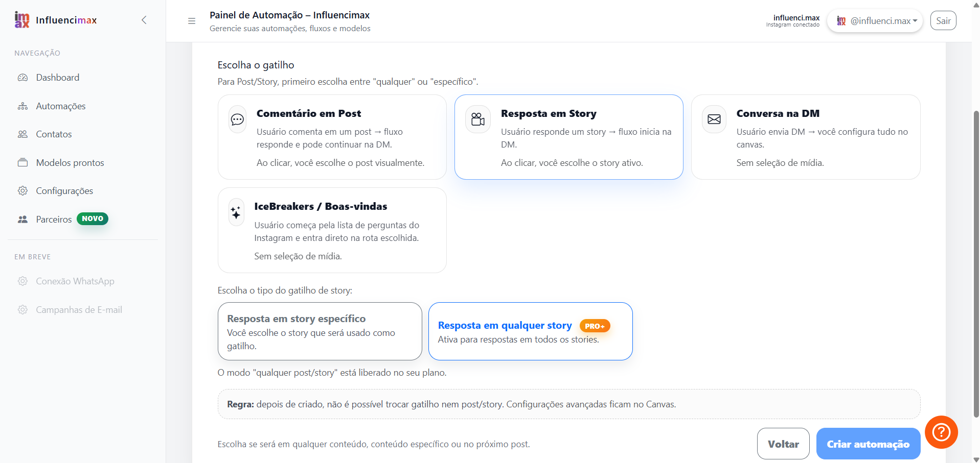 Tela de configuração do gatilho da automação em stories