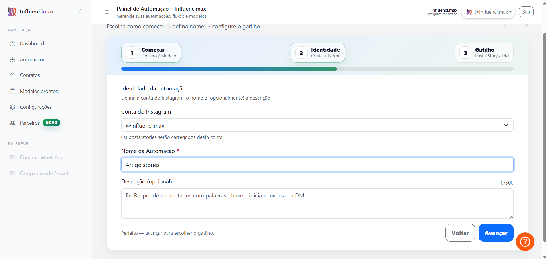 Tela inicial da automação de resposta em stories