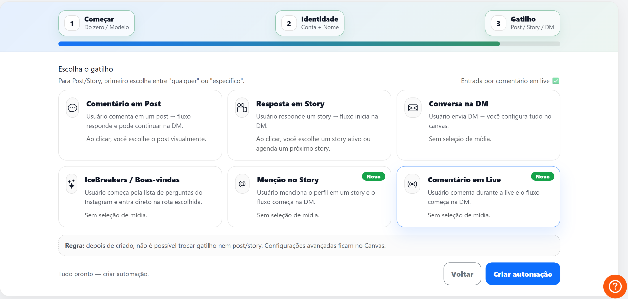 Tela de seleção do quadro Comentário em Live no editor de automações