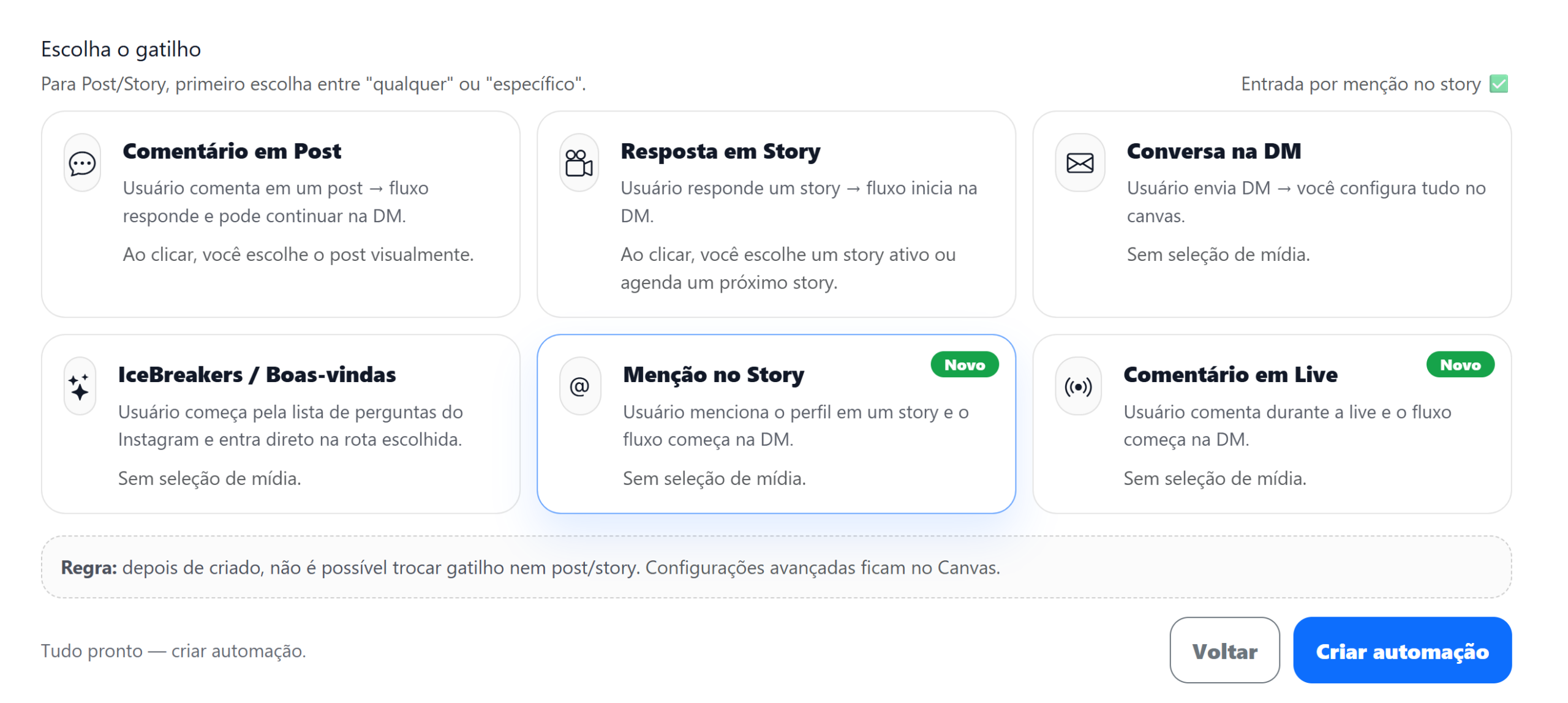 Tela de seleção do quadro Menção em Story no editor de automações