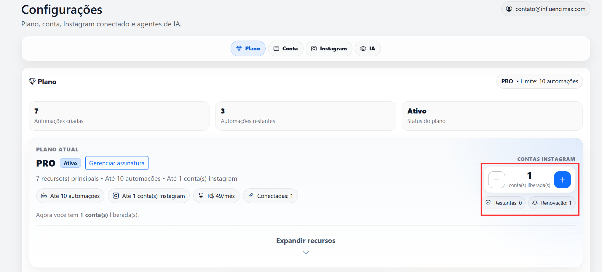 Tela de gerenciamento de múltiplas contas do Instagram na InfluenciMax