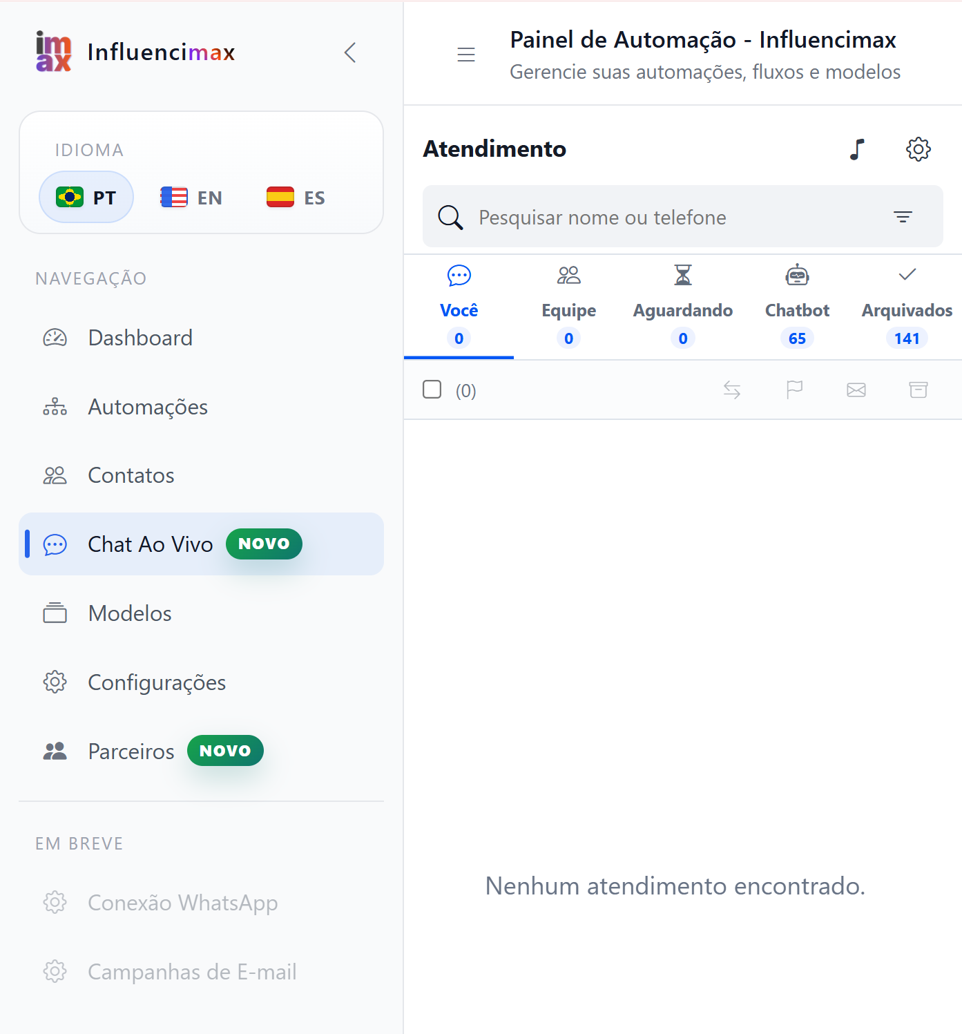 Tela geral do Chat ao Vivo com as filas de conversas