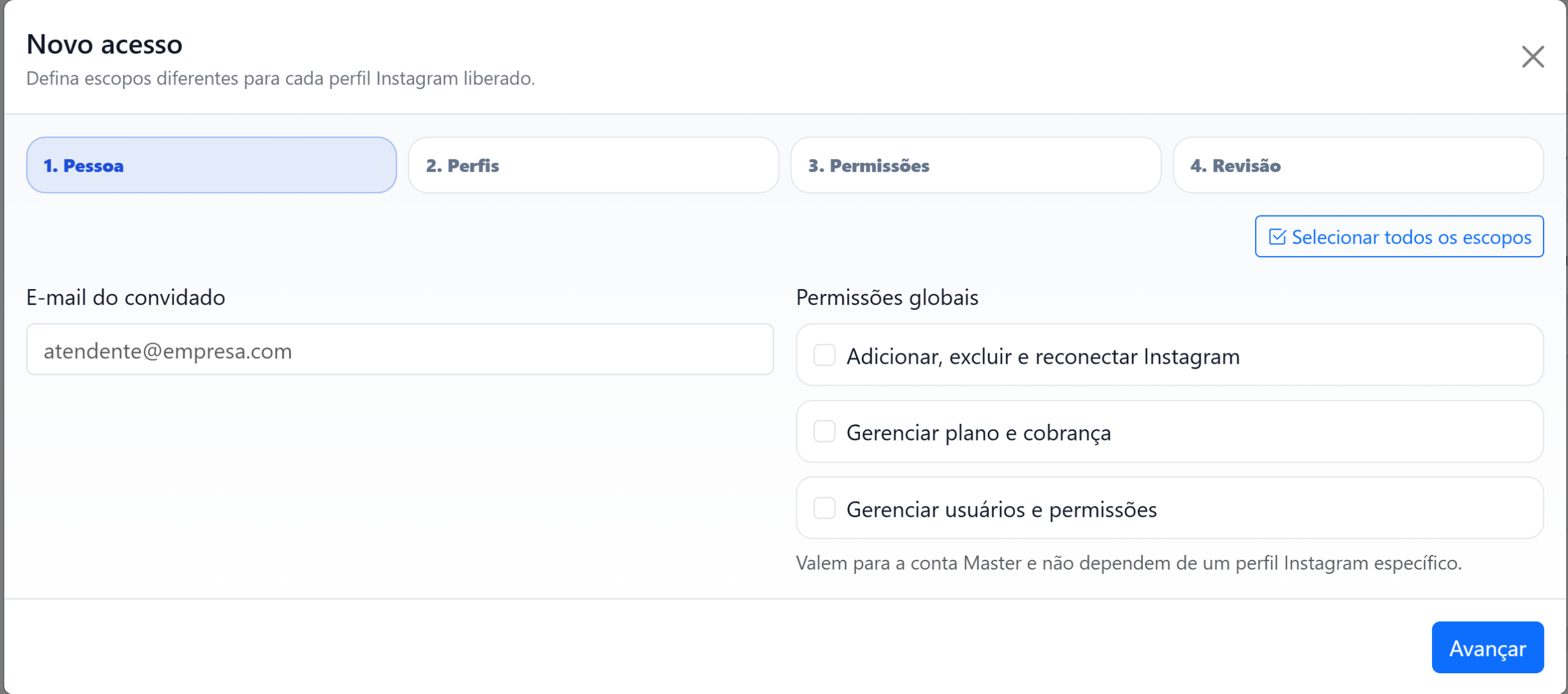 Tela de configuração de permissões e escopos para um novo acesso na InfluenciMax