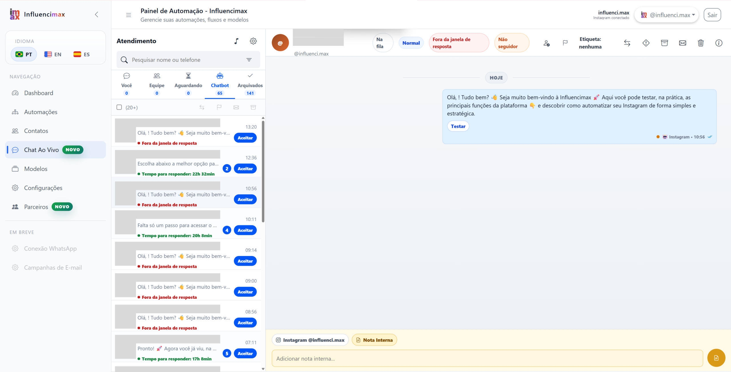 Conversa aberta no Chat ao Vivo com histórico de mensagens