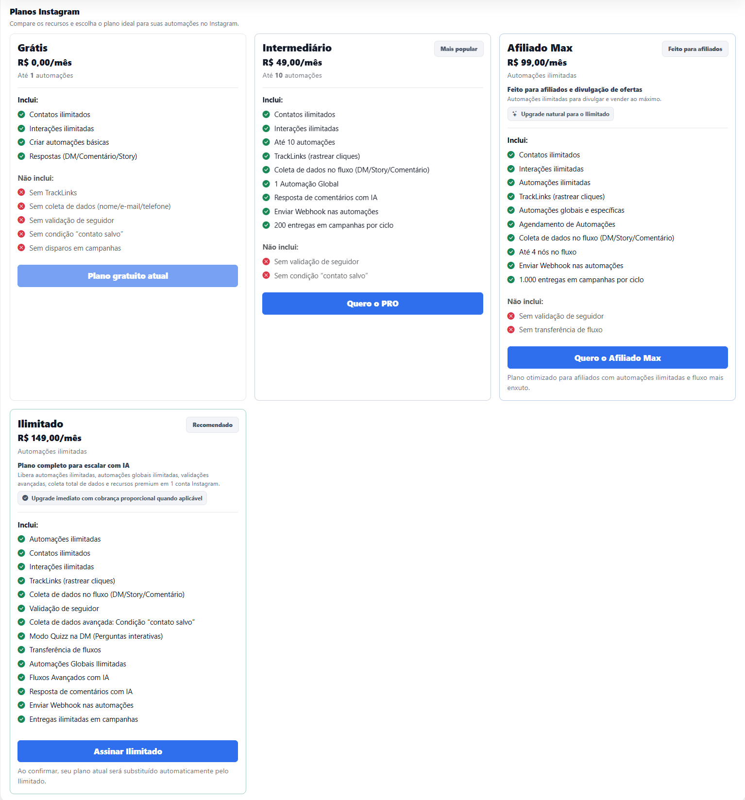 Área de planos da InfluenciMax com as opções Gratuito, PRO, Afiliado Max e Ilimitado