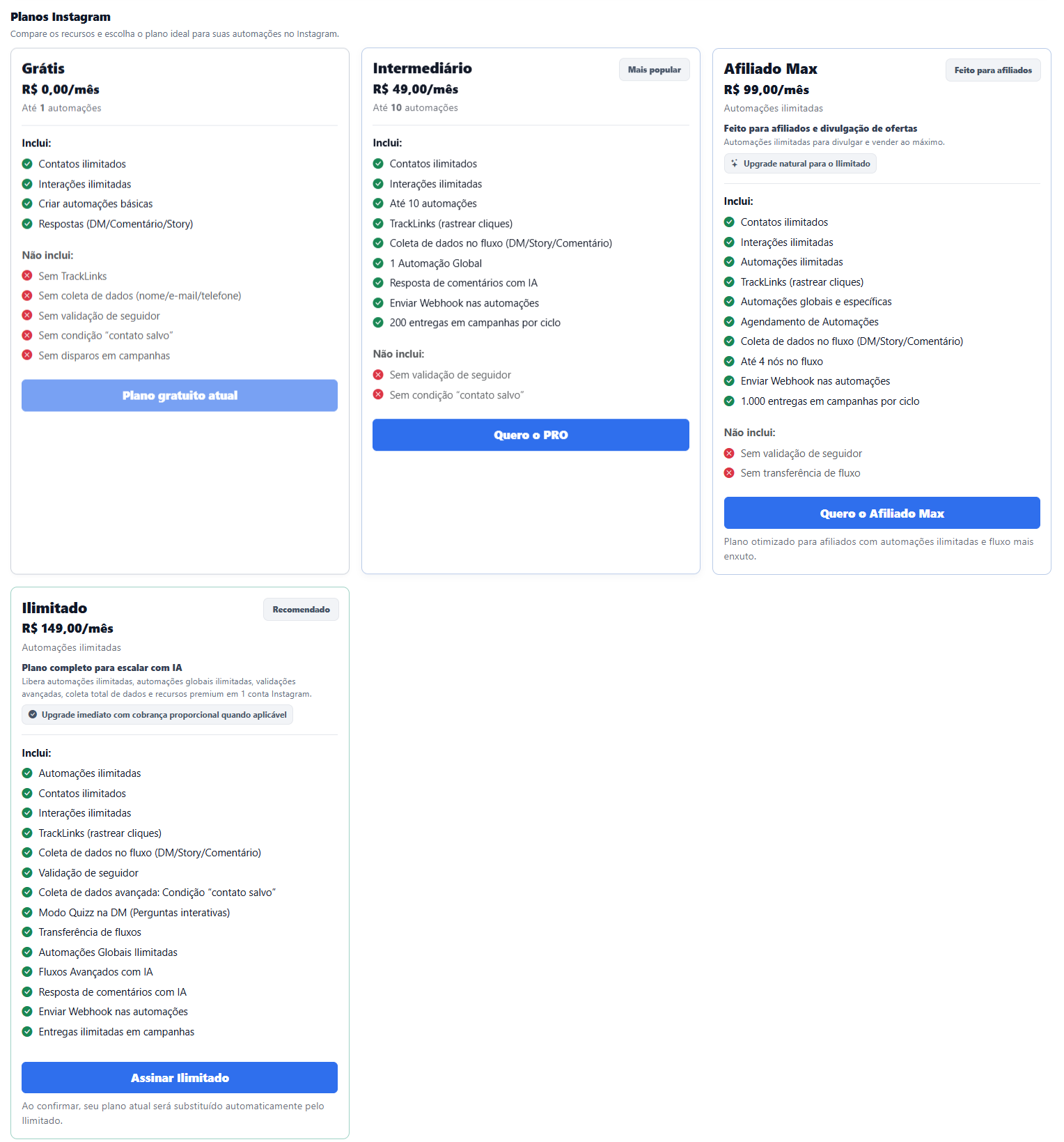 Comparação dos planos do Instagram disponíveis na InfluenciMax