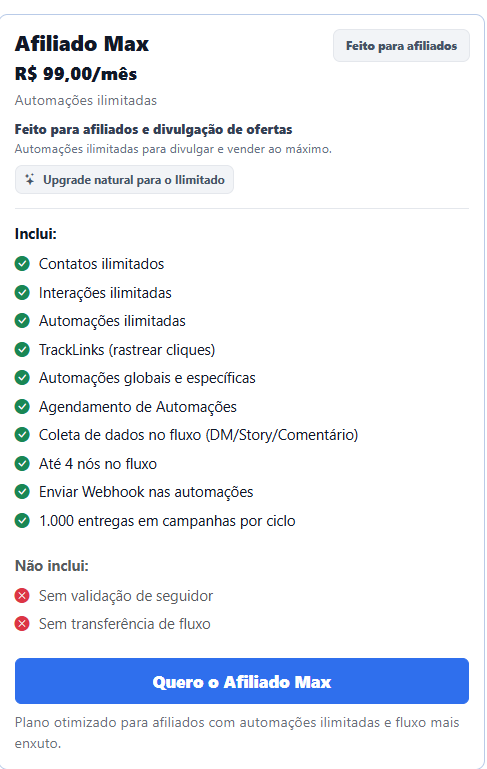 Tarjeta del Plan Afiliado Max de InfluenciMax con recursos incluidos y no incluidos