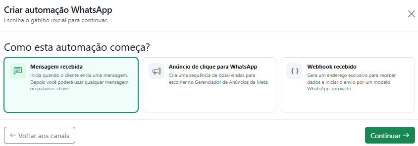 Seleção do gatilho inicial de uma automação do WhatsApp na InfluenciMax