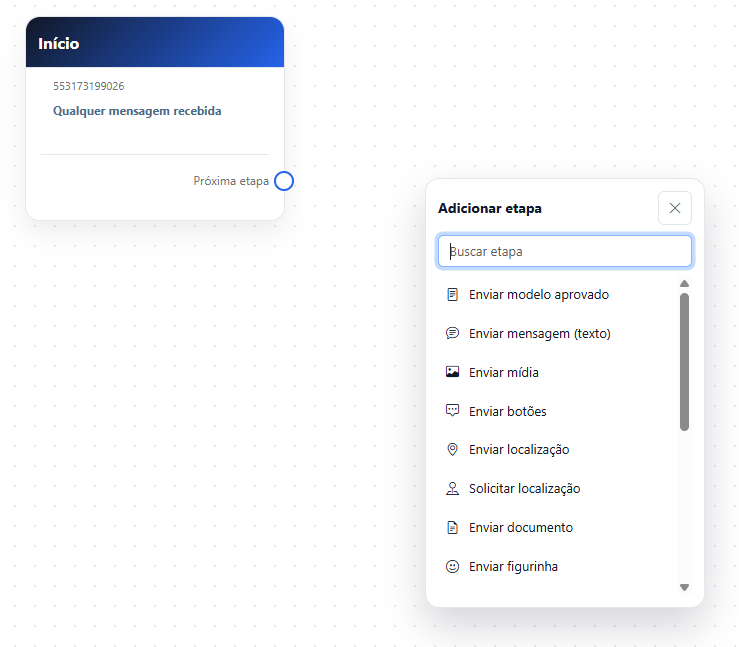 Menu de etapas disponíveis no canvas de automação do WhatsApp