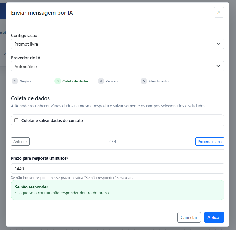 Configuração de coleta de dados pela IA em uma automação de WhatsApp