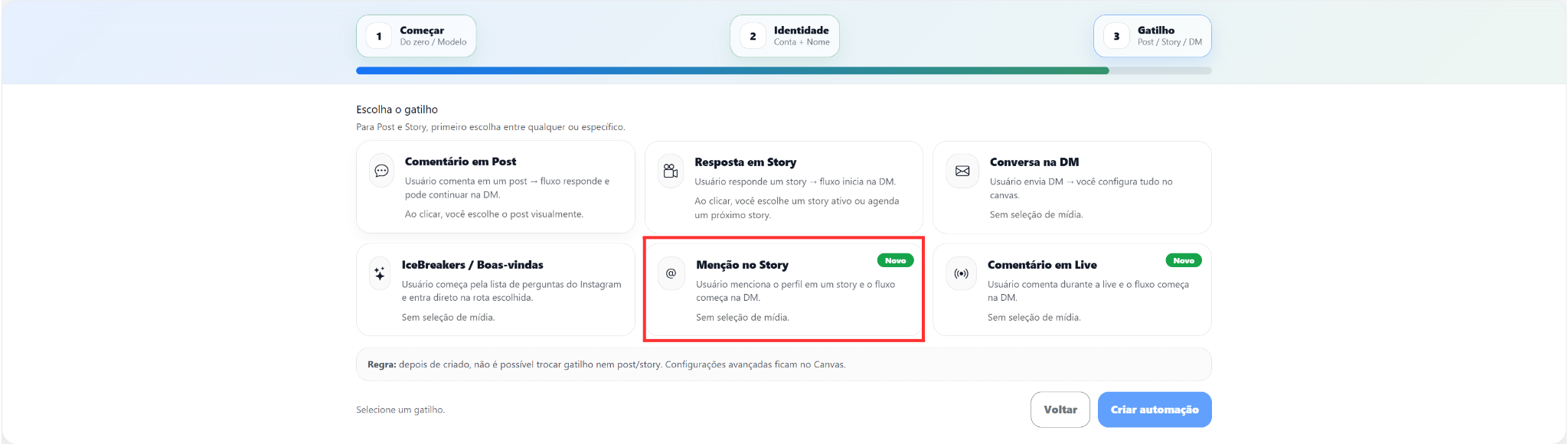 Seleção do gatilho Menção no Story na criação de uma automação